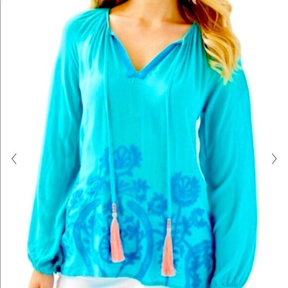 Lilly Pulitzer Willa Embroidered Blouse Top Seaside Aqua NWT CORAL TASSELS - Picture 1 of 4
